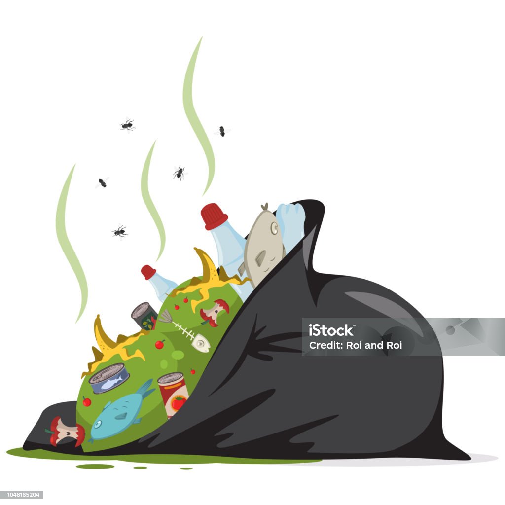 Garbage black bag with food waste, plastic, trash and rubbish. Vector cartoon flat illustration isolated on white background. Garbage bag vector cartoon icon. Garbage stock vector