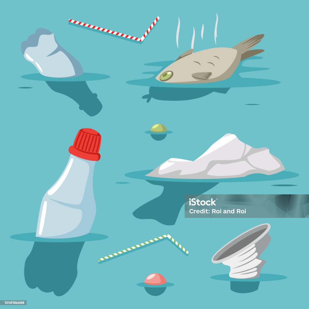 Plastic trash in the ocean. Sea with garbage, waste. Vector cartoon illustration of polluted environment. Plastic garbage, trash, waste in the ocean, sea, water. Vector illustration. Plastic stock vector