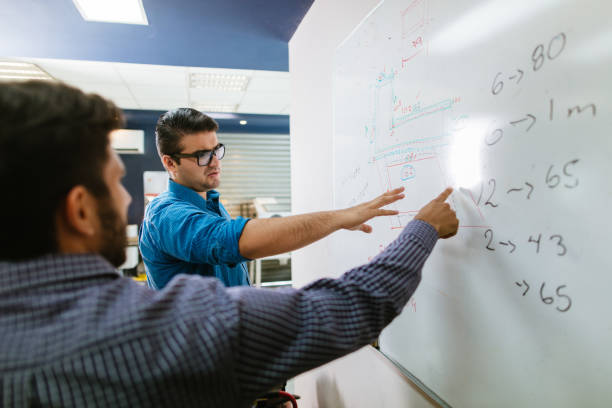 istock Latin engineers strategizing on whiteboard in the shop 1048192432