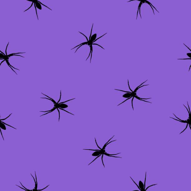 бесшовный узор паук черный силуэт на фиолетовый, вектор eps 10 - silhouette spider tarantula backgrounds stock illustrations