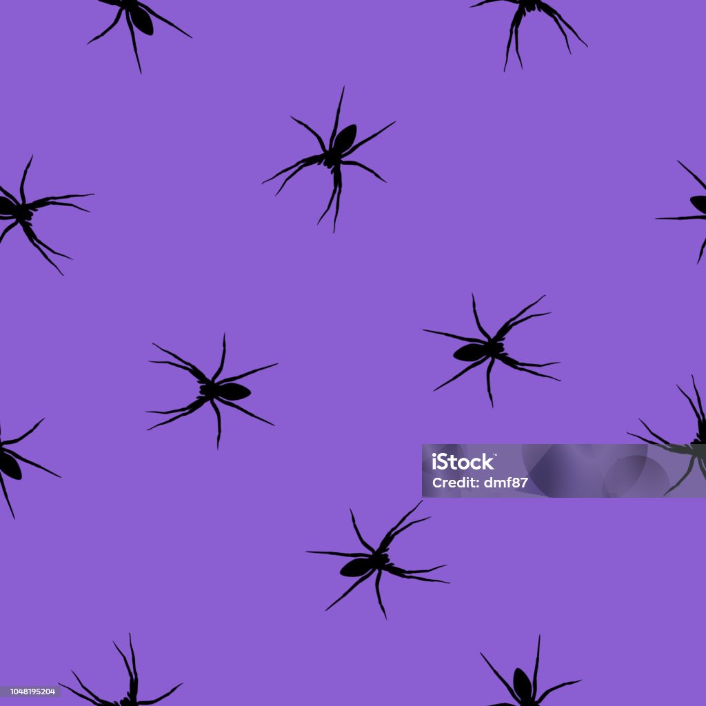Seamless pattern Spider black silhouette on purple, vector eps 10 Seamless wild animals pattern Spiders black silhouette on purple background. Halloween drawn simple kid print with spooky monster, vector eps 10 Animal stock vector
