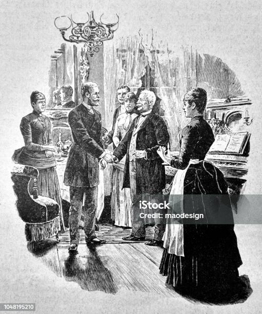 Welcoming Guests In The 19th Century During A Social Event 1888 Stock Illustration - Download Image Now