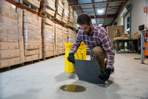 A man in a warehouse putting an absorbent mat on a puddle of oil.  He is using a spill response kit.
