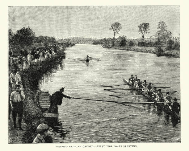 ilustrações de stock, clip art, desenhos animados e ícones de rowing, bumping race at oxford, 19th century - rowboat sport rowing team sports race