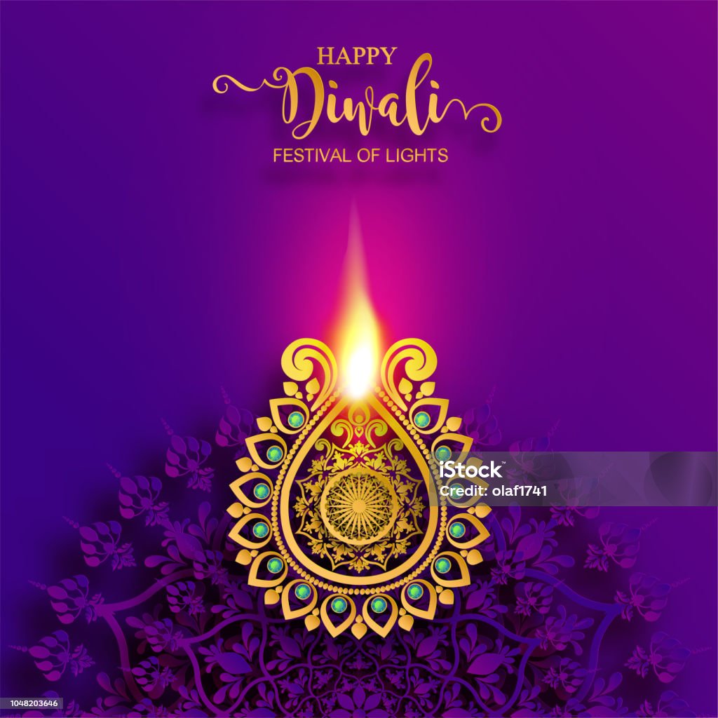 Happy Diwali festival card with gold diya patterned and crystals on paper color Background. Diwali stock vector