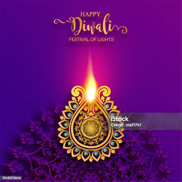 Happy Diwali Festival Card With Gold Diya Patterned And Crystals On Paper Color Background Stock Illustration - Download Image Now