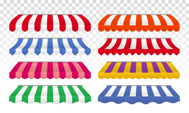 Vector illustration of Awnings with color stripes. Vector cafe, shop or store roof canopy striped tents isolated set