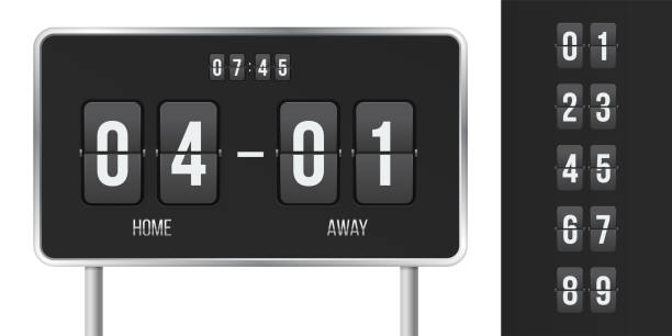 ilustrações de stock, clip art, desenhos animados e ícones de scoreboard flip countdown with time and match scores. vector home and away guest sport team flip board display with numbers - time duration