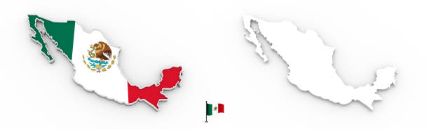 High detailed white silhouette of Mexico map and national flag
