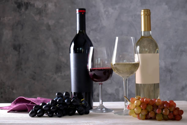 istock Showcase of vintage wine bottles with empty sticker labels. 1048204228
