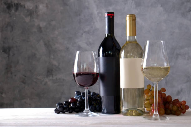 Showcase of vintage wine bottles with empty sticker labels.
