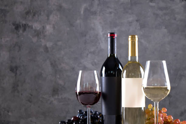 istock Showcase of vintage wine bottles with empty sticker labels. 1048204280