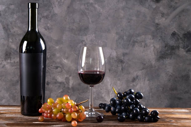 istock Showcase of vintage wine bottles with empty sticker labels. 1048206558