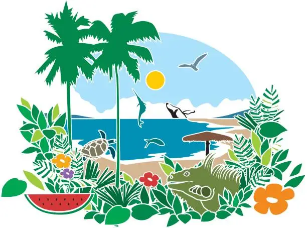 Vector illustration of tropical bahia & beach