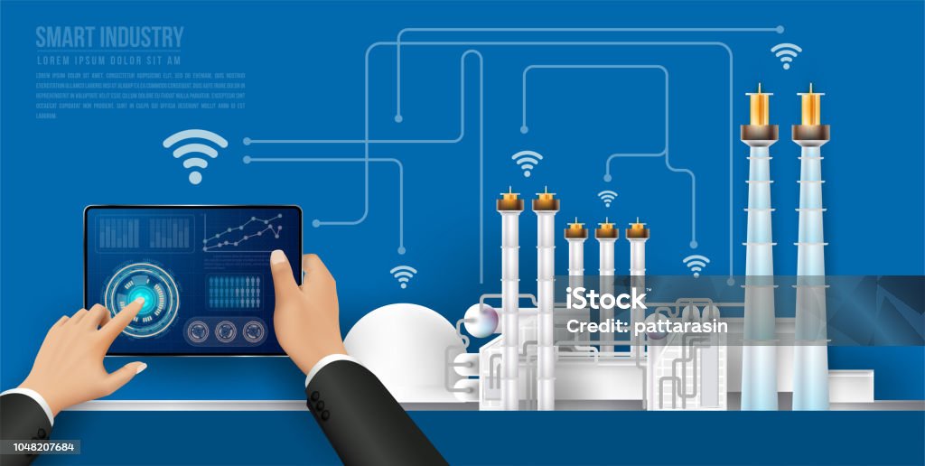 Move to factory and industry in the future. People connecting with a factory using smartphone and exchanging data with a neural network. Smart industry 4.0 infographic. Artificial intelligence. Computer-Aided Manufacturing stock vector