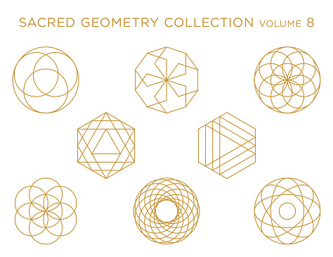 Collection of golden vector sacred geometry symbols isolated on white background