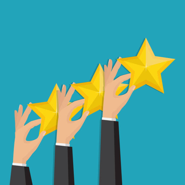 istock Hand pointing rating golden stars. Feedback, icon. Vector Illustration. Customer feedback concept. 1048211482