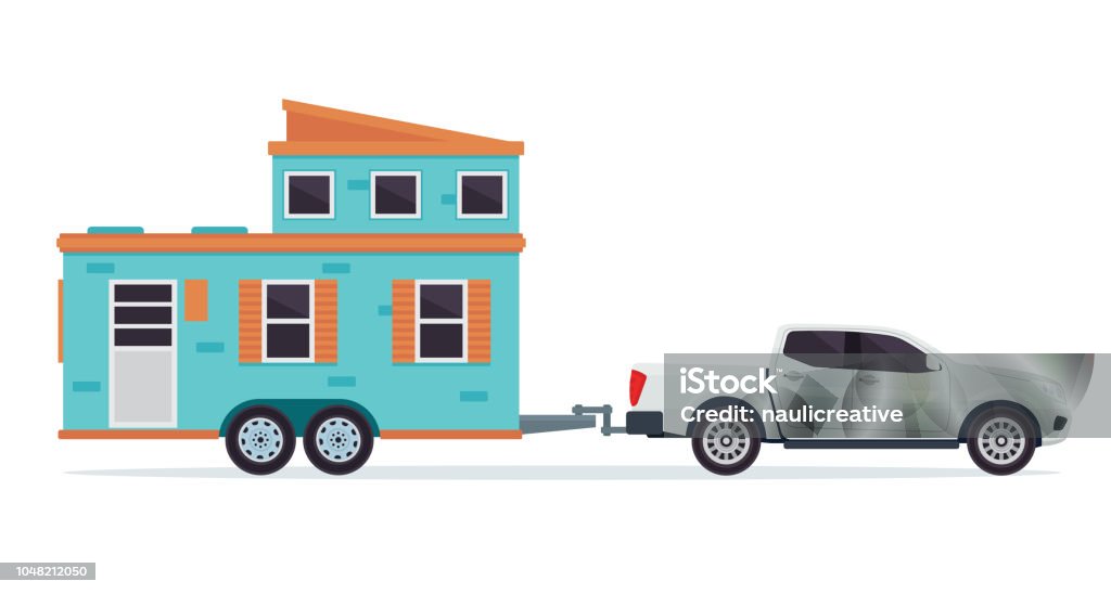 Modern Small Tiny House Building With Pick Up Truck Illustration In Isolated White Background Modern Small Tiny House Building With Pick Up Truck Illustration, Suitable for Diagrams, Infographics, Illustration, And Other Graphic Related Assets Pick-up Truck stock vector