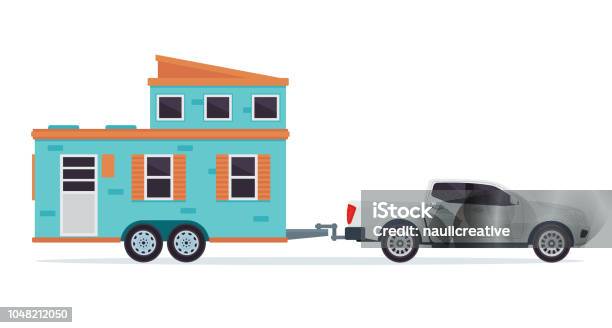 Modern Small Tiny House Building With Pick Up Truck Illustration In Isolated White Background Stock Illustration - Download Image Now