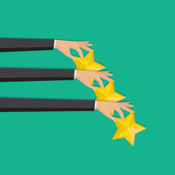 istock Hand pointing rating golden stars. Feedback, icon. Vector Illustration. Customer feedback concept. 1048213454