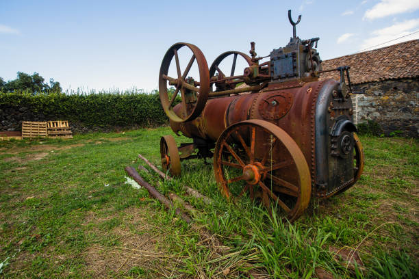 Vintage machine is in the village. Steampunk.