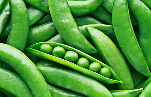 peas and pea pods - biologisch fotos stockfoto's en -beelden
