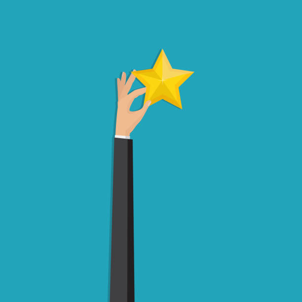 istock Hand pointing rating golden stars. Feedback, icon. Vector Illustration. Customer feedback concept. 1048221698