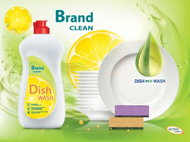 Vector illustration of Dishwashing liquid soap with lemon. Packaging with template label design.