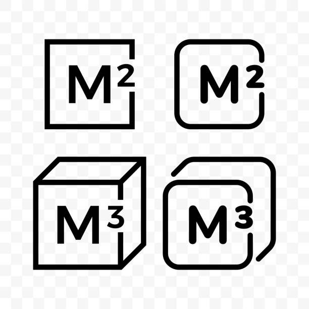 ilustrações, clipart, desenhos animados e ícones de metros quadrados e cúbicos vetor logotipo dos ícones de arte fina linha com números de carta e medida m para indústria da construção - letter m alphabet text sign