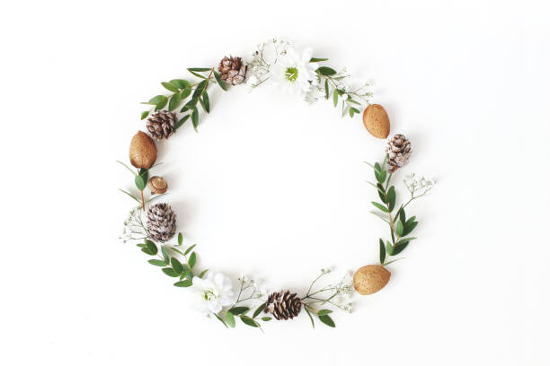 istock Christmas circle floral composition. Wreath of eucalyptus branches, larch cones, almonds, chrysanthemum and baby's breath flowers on white background. Winter wedding design. Flat lay, top view. 1048231340