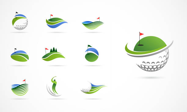 ilustraciones, imágenes clip art, dibujos animados e iconos de stock de club de golf los iconos, símbolos, elementos y logo colección - golf