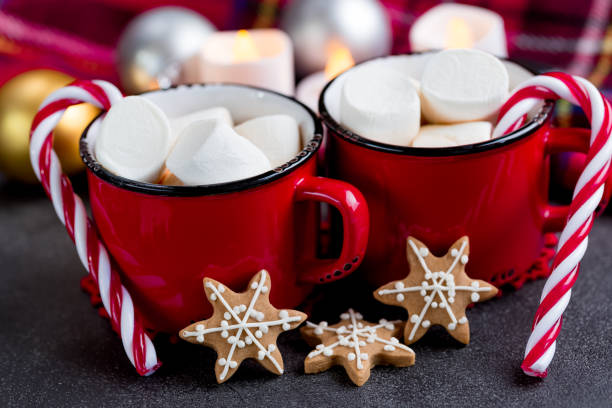istock Christmas Gingerbread cookies and hot drink with marshmallows 1048244050
