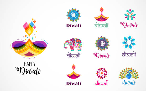 illustrations, cliparts, dessins animés et icônes de joyeux diwali hindoue festivals icônes, éléments, logo ensemble. gravure illustration diya, fête des lumières de l’inde - diwali illustrations