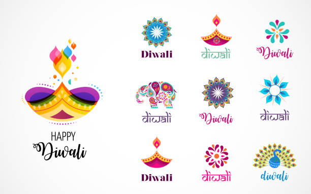 illustrazioni stock, clip art, cartoni animati e icone di tendenza di icone del festival indù happy diwali, elementi, set di logo. illustrazione diya in fiamme, festival della luce dell'india - elefante immagine