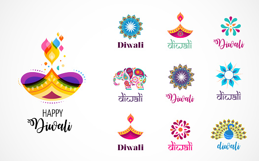 Happy Diwali Hindu festival icons, graphic elements, logo set. Burning diya illustration, light festival of India