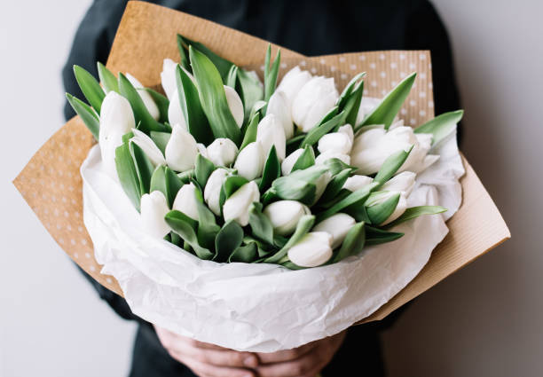 joven muy agradable en una camisa negra con un enorme ramo de flores floración de tulipanes blancos frescos en el fondo de la pared gris - tulip bouquet fotografías e imágenes de stock