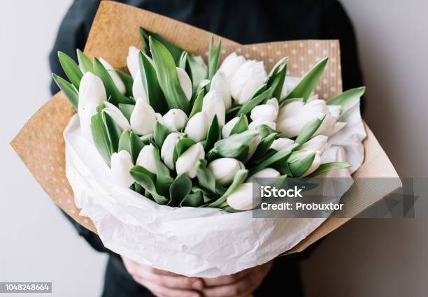 Very Nice Young Man In A Black Shirt Holding A Huge Blossoming Flower Bouquet Of Fresh White Tulips On The Grey Wall Background Stock Photo - Download Image Now