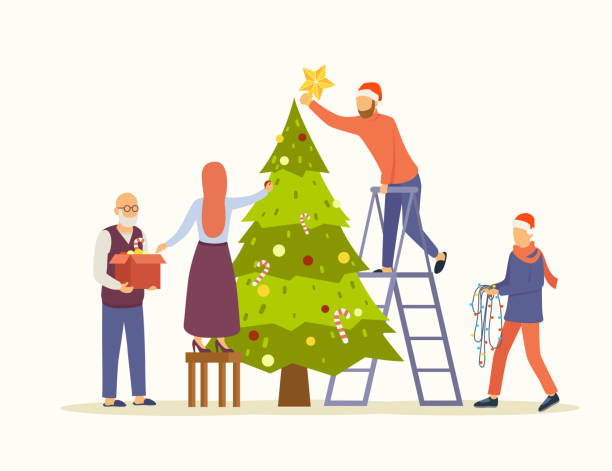 ilustrações de stock, clip art, desenhos animados e ícones de people decorating big christmas tree vector flat illustration. family decorates the tree for new year and christmas. preparation for winter holidays. eps 10. - decorating