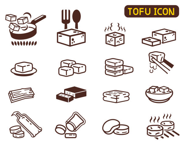 illustrations, cliparts, dessins animés et icônes de collection d’icônes de tofu de cuisson. ingrédient de cuisine asiatique. - tofu