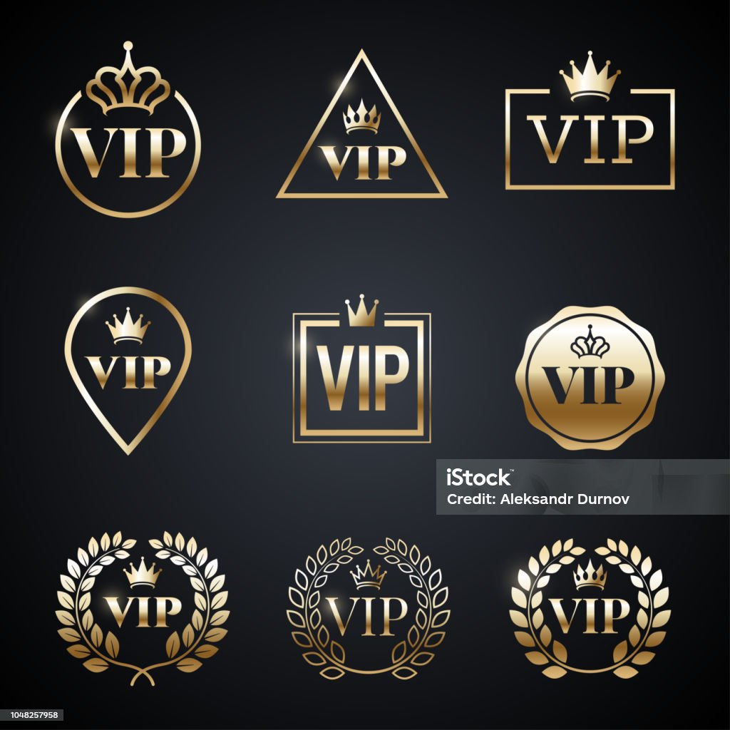 Golden VIP label set isolated on dark background. Symbol of exclusivity. Vip icons with crown, frame and laurel wreath. Luxury premium badge. Decoration elements for your design. Vector eps 10. Celebrities stock vector