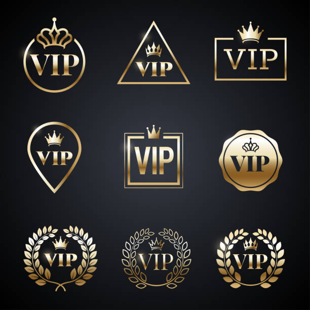 Golden VIP label set isolated on dark background. Symbol of exclusivity. Vip icons with crown, frame and laurel wreath. Luxury premium badge. Decoration elements for your design. Vector eps 10. Golden VIP label set isolated on dark background. Symbol of exclusivity. Vip icons with crown, frame and laurel wreath. Luxury premium badge. Decoration elements for your design. Vector eps 10. celebrities stock illustrations
