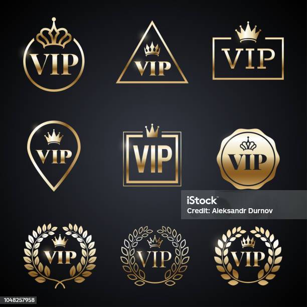 Golden Vip Label Set Isolated On Dark Background Symbol Of Exclusivity Vip Icons With Crown Frame And Laurel Wreath Luxury Premium Badge Decoration Elements For Your Design Vector Eps 10 Stock Illustration - Download Image Now