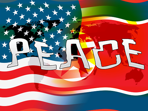 Usa North Korea Peace Waving Flag 3d Illustration. Peaceful Love And Hope Between America And Dprk Cooperation Talks