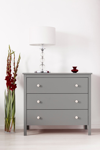 Three drawer gray cabinet with a lamp on and a vase of burgundy gladiolas by in a glamour furniture showroom interior. Real photo.