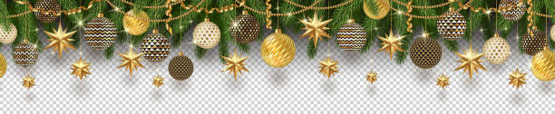 ilustrações de stock, clip art, desenhos animados e ícones de christmas golden decoration and christmas tree branches on a checkered background. - entablature