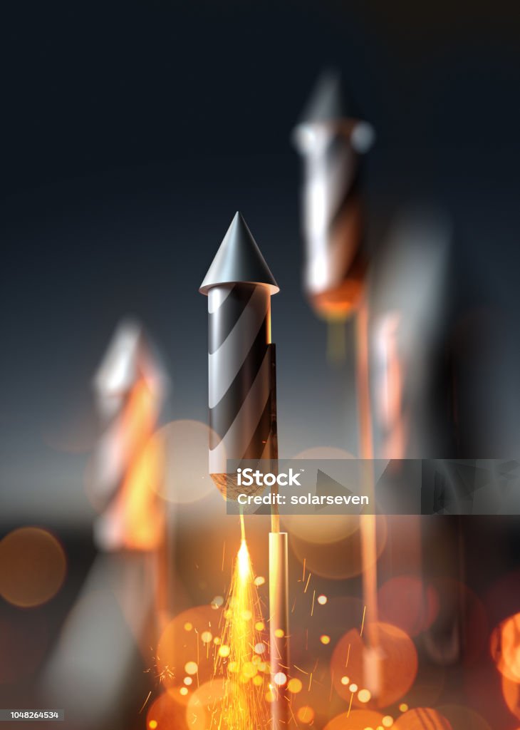 Firework Rocket Close Up Launching A close up image of a firework rocket about to launch into the night sky. 3D illustration. Firework Display Stock Photo