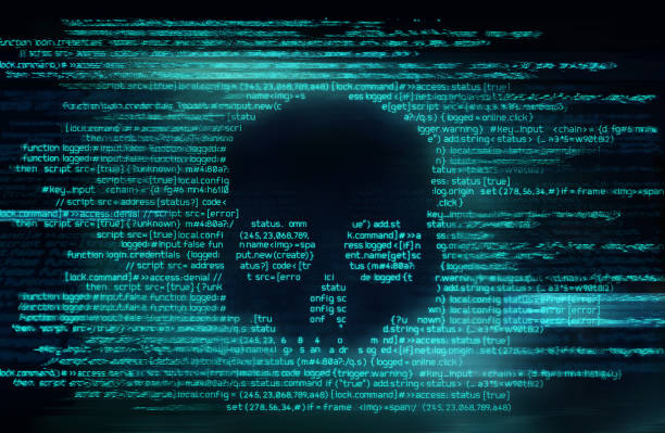 Ransomware And Code Hacking Background Malicious computer programming code in the shape of a skull. Online scam, hacking and digital crime background 3D illustration computer hacker stock pictures, royalty-free photos & images