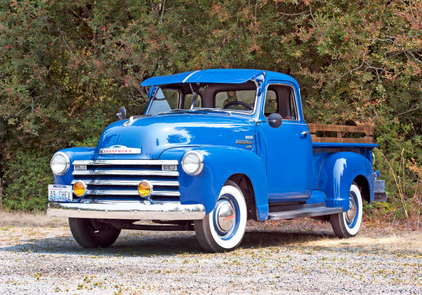 Lopez Island, Washington State, USA. Old traditional classic restored and polished Chevy pickup truck in blue with shiny chrome bumpers and grill on Lopez island