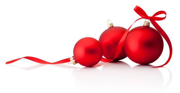 istock Three red Christmas decoration baubles with ribbon bow isolated on white background 1048270638