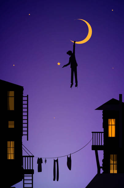chłopiec wiszący na księżycu, marzyciel w mieście, bajkowa scena w miejskim wektorze - street snow urban scene residential district stock illustrations